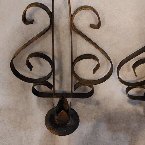 Gold Tone Wrought Iron Wall Candle Sconces - Set of 2 - Picture 3 of 5